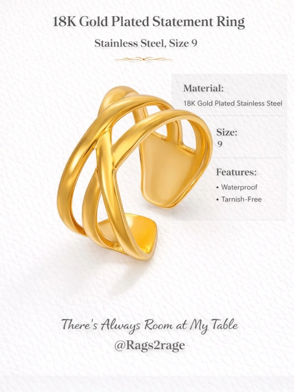 18K Gold Plated Abstract Crossover Statement Ring Size 9 Stainless Steel NWT